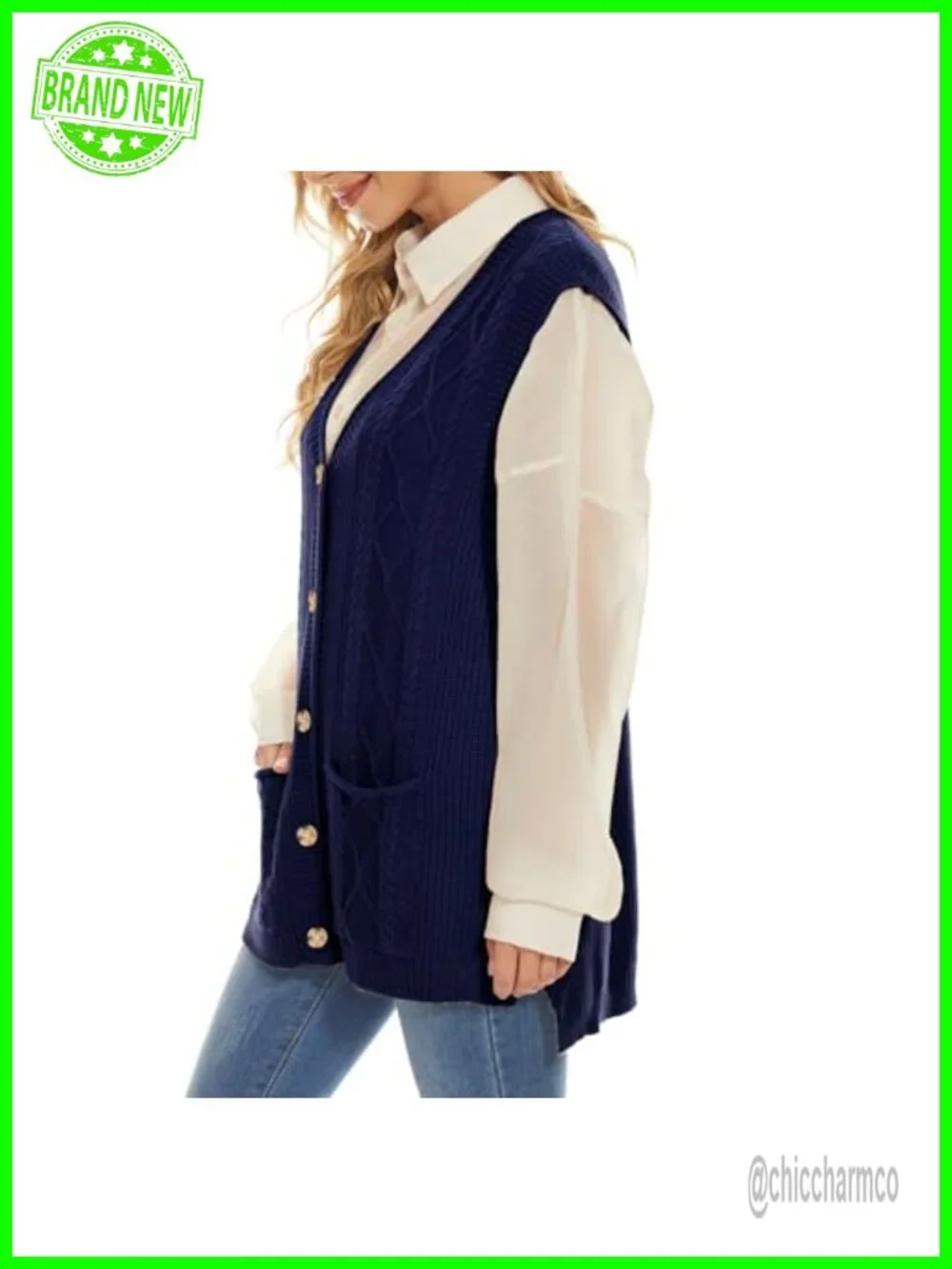 Long Cable Knit Sweater Vest Sleeveless V Neck Loose Fit Casual Top